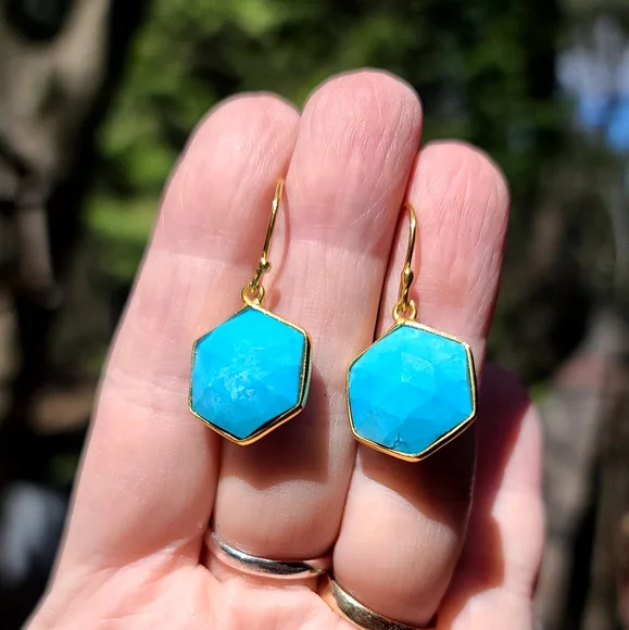 Turquoise faceted sterling & gold dramatic earrings - Picture 4 of 6